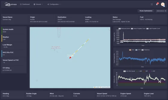 Early navIQore user interface presenting vessel data and digital-twin results