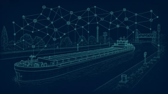 Wireframe illustration of an inland-waterway cargo barge on a canal, overlaid with a network of connected nodes representing a semantic knowledge graph of the vessel and waterway infrastructure.