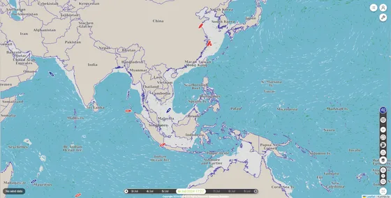 Interactive fleet map showing multiple vessels with wind-vector overlays and a date scrubber