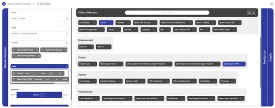 Filter panel showing selectable navigation, engine, system and performance variables