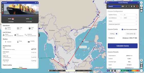 Course planning tool with waypoints, a planned route on the map, and calculated voyage results