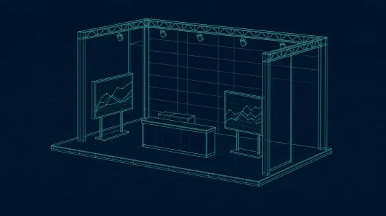 Wireframe illustration of an exhibition stand with display screens showing performance charts.