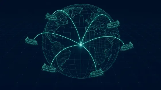 Wireframe illustration of a globe with six cargo vessels distributed across different oceans, each linked back to a central point by a glowing arc.