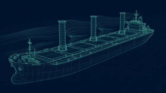 Wireframe illustration of a bulk carrier fitted with three Flettner rotors on deck, with airflow streamlines wrapping around them.