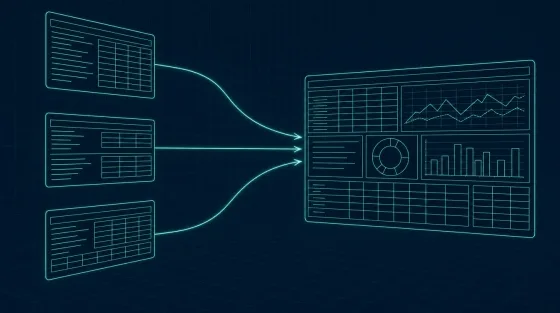 Wireframe illustration of three separate report documents streaming along curved paths into a single consolidated dashboard panel.