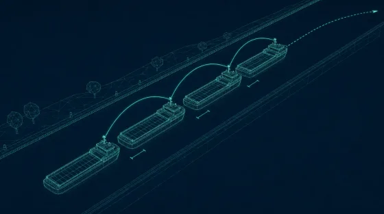 Wireframe illustration of four inland vessels travelling in single-file convoy on a canal, each linked to the one ahead by a communication arc, with a dashed look-ahead trajectory curve.