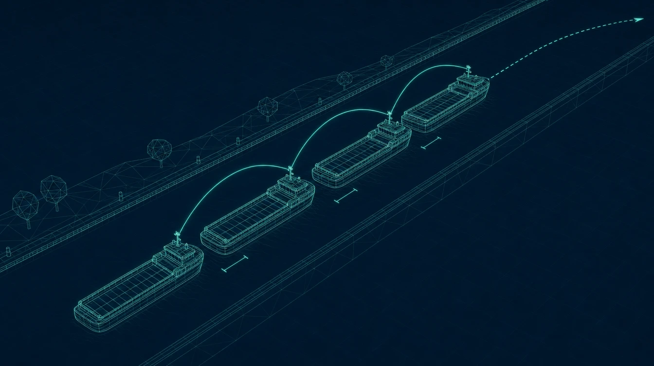 Wireframe illustration of four inland vessels travelling in single-file convoy on a canal, each linked to the one ahead by a communication arc, with a dashed look-ahead trajectory curve.