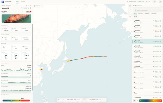 Refreshed navIQore dashboard showing a fleet map, vessel list and per-vessel overview panel