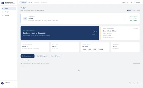 navIQore TrueNoon onboard app Today screen showing vessel state, next required report and ROB summary