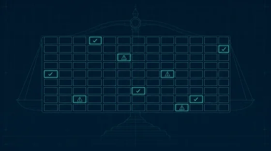 Wireframe illustration of a grid of data cells with a few individual cells highlighted and marked with a tick or a warning triangle, over a ghosted balance-scale motif.
